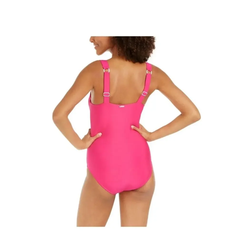 DKNY Plunge One Piece Swimsuit 8 NWT Pink Resort Vacation Slimming Summer Swim - Picture 4 of 16